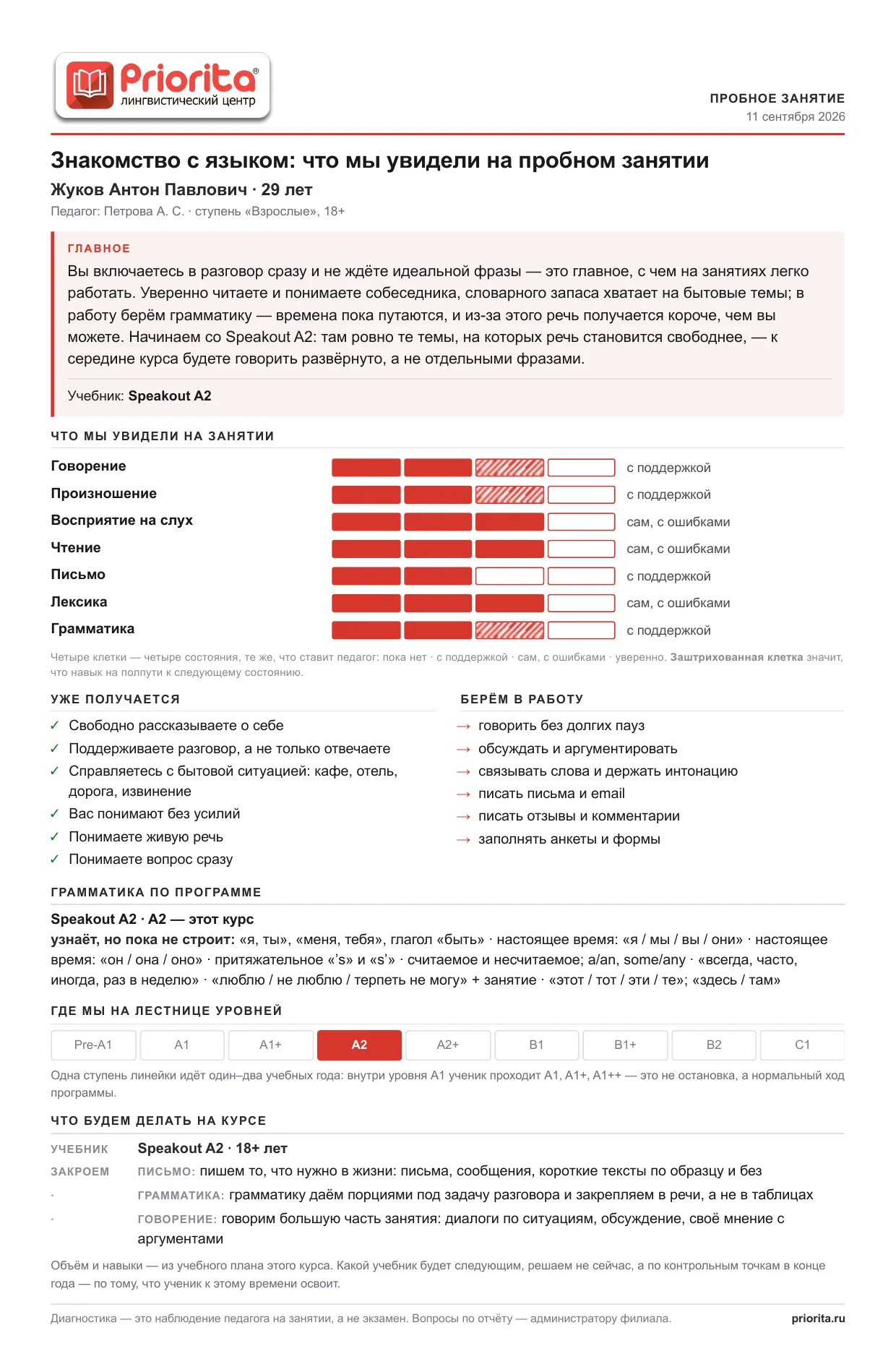 Пример листа диагностики: После пробного